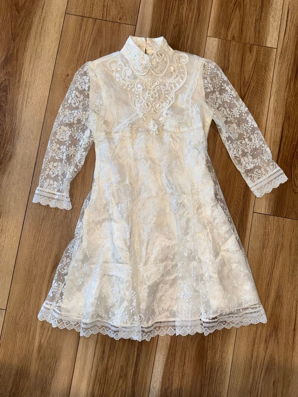 Vintage Jessica McClintock Girls White Lace Mock Neck Mini Dress Size 4